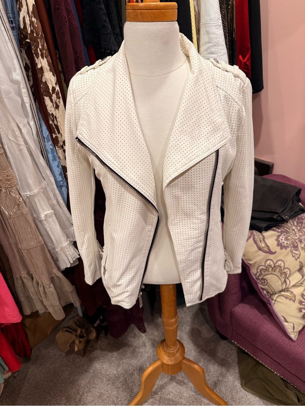 Guess White Perforated Leather Moto Jacket